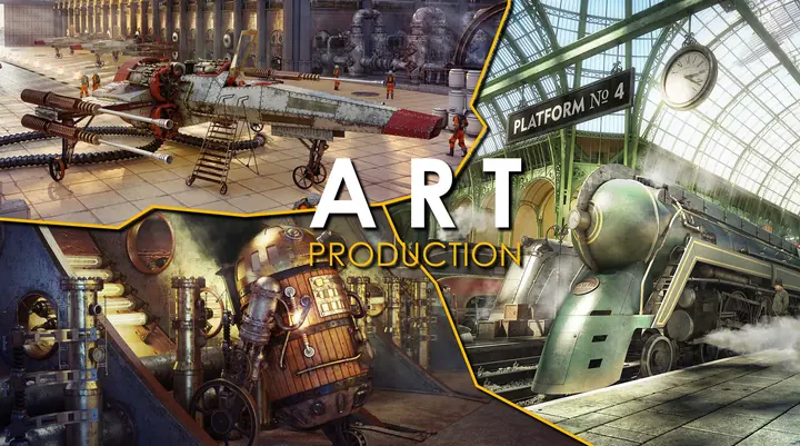 Concept art: hangar, locomotive and robot