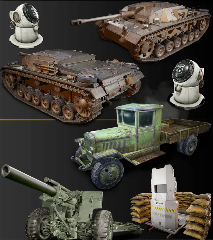 Tanks, truck, artillery and field props