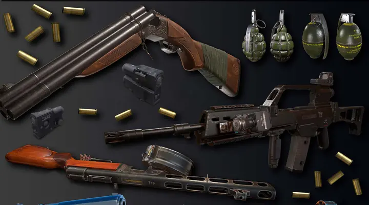 Rifles, shotgun and grenades